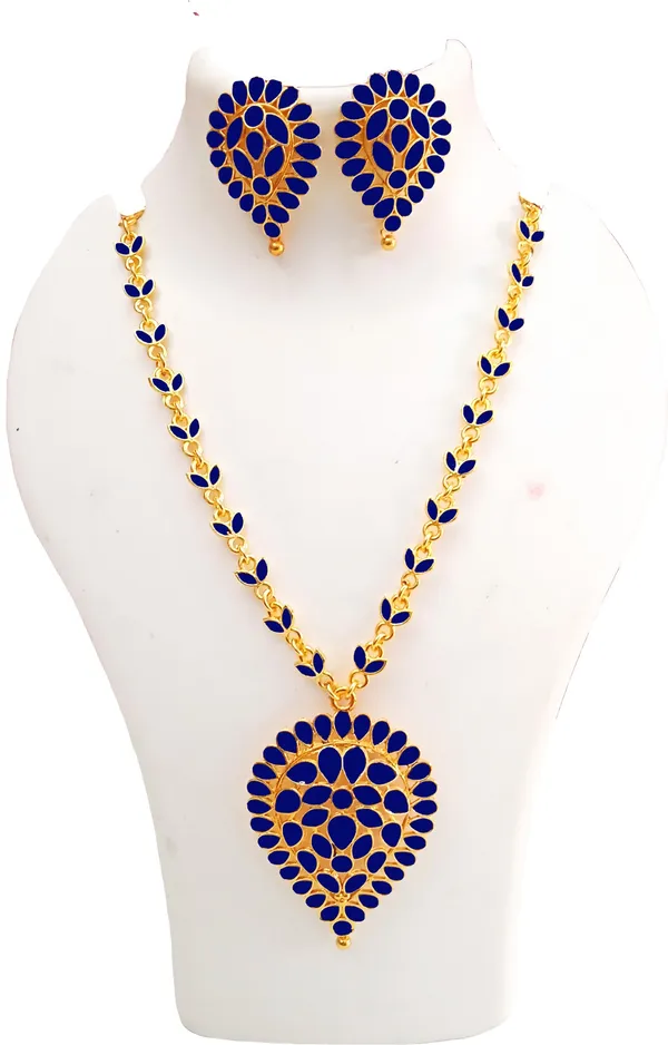 Assamese_Traditional_Gold_Plated_Blue_Colour_Dugdugi_Chain_Jewellery_Set_For_Women